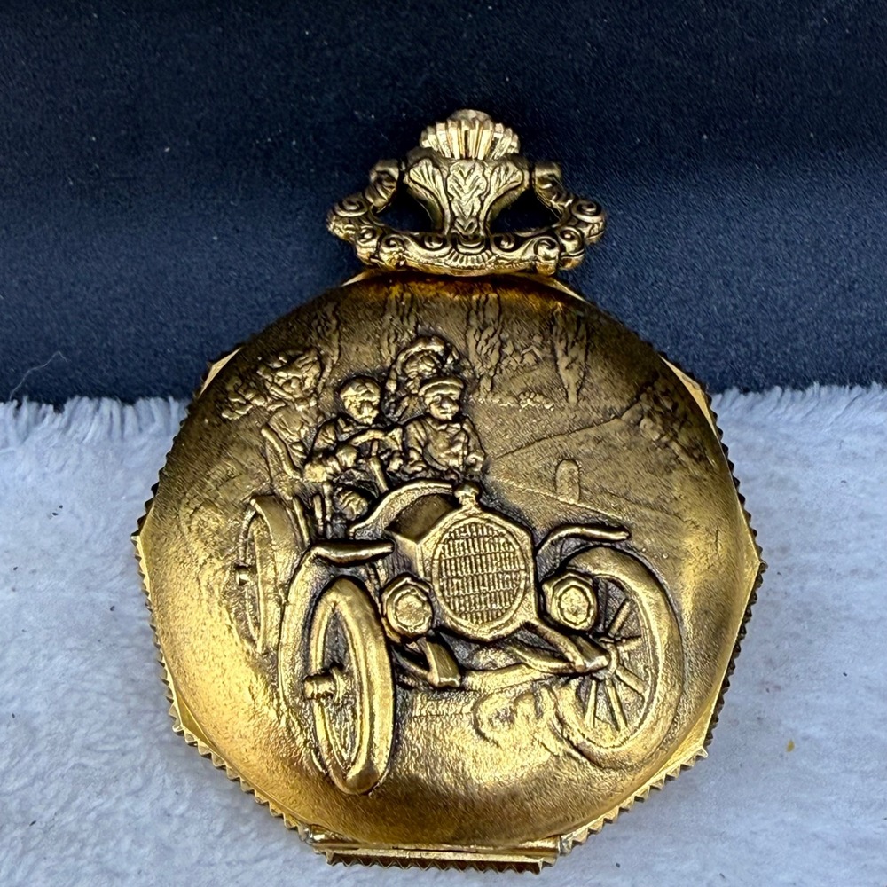 Vintage Majestime Pocket Watch Gold Tone Skeleton Car 
Floral Working